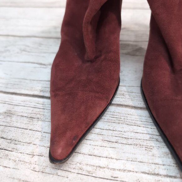 Giorgio Armani Suede Stiletto Ankle Boots Burgundy Pointed Toe Women US 6.5–7 - Picture 2 of 9